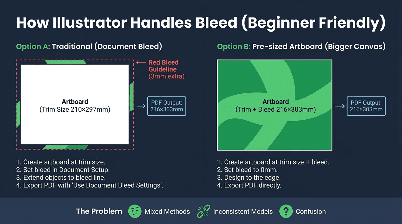 Illustrator artboard with bleed guideline showing flexible approach