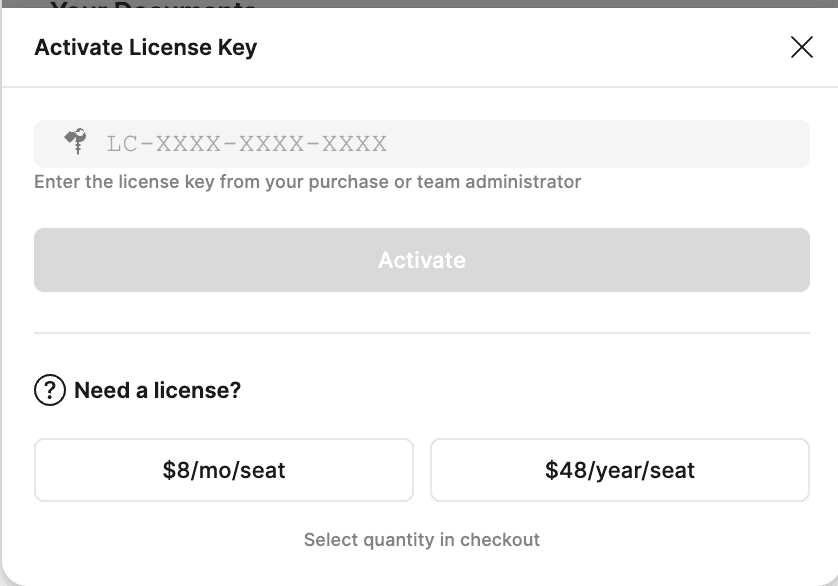 Activate license key interface