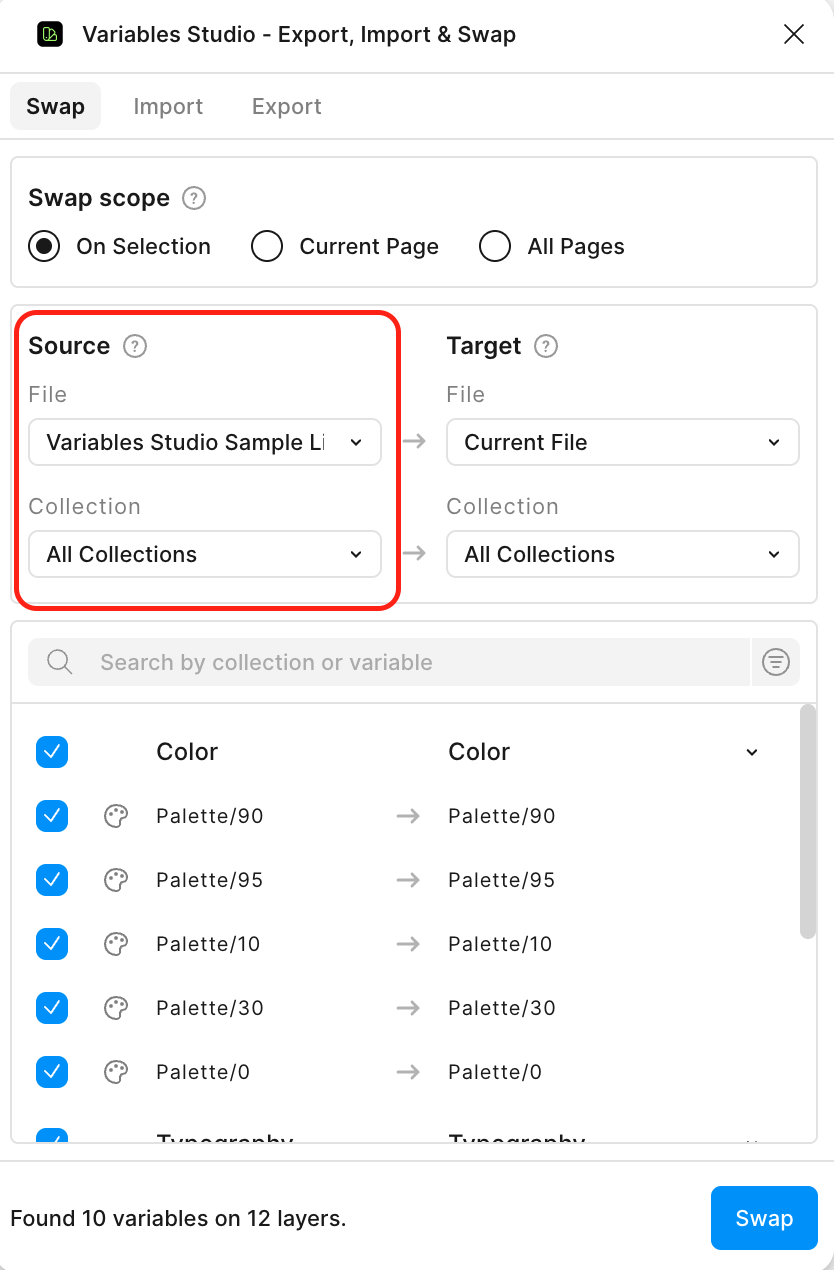 Select source collection and mode