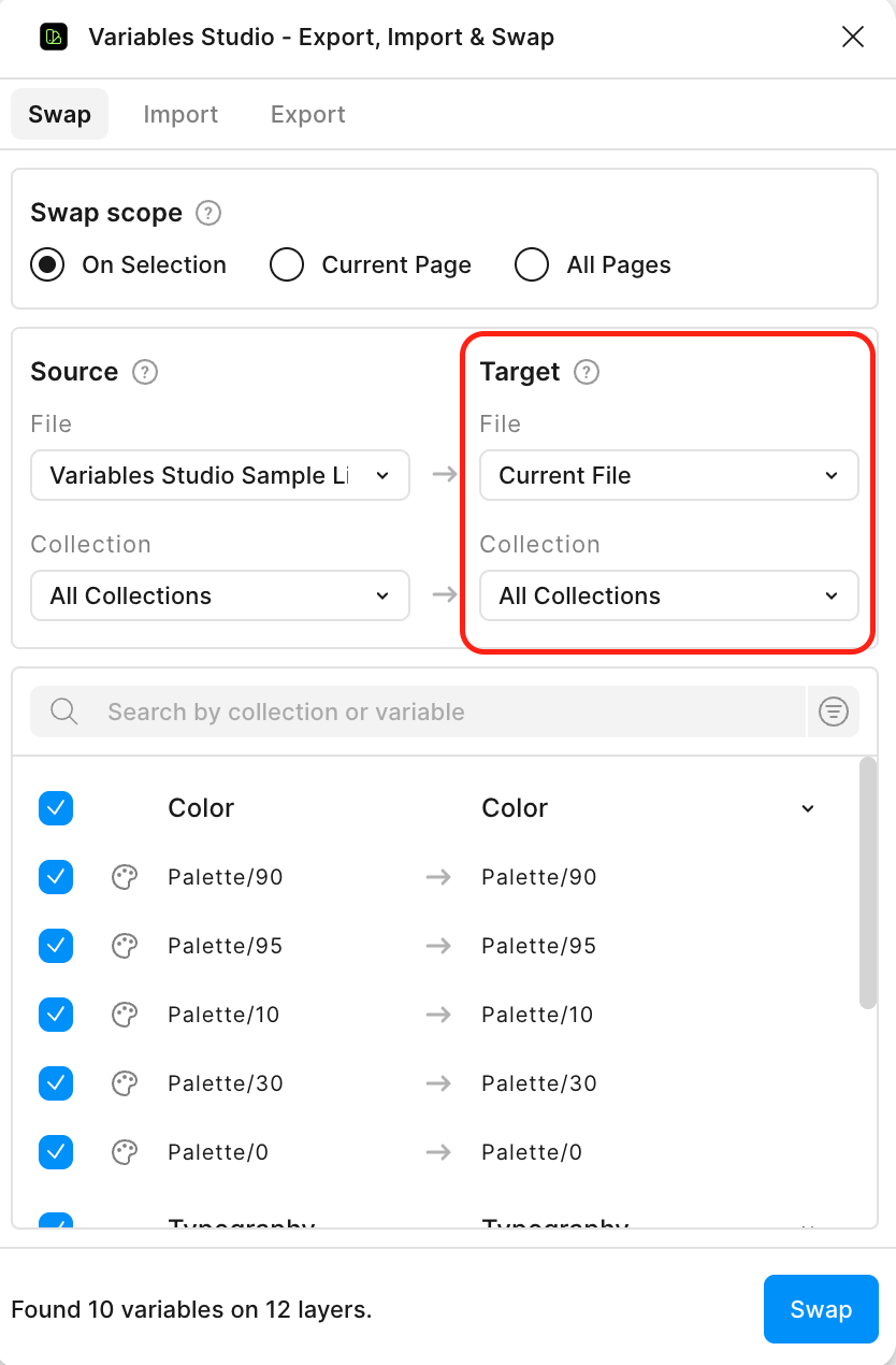 Select target collection and mode